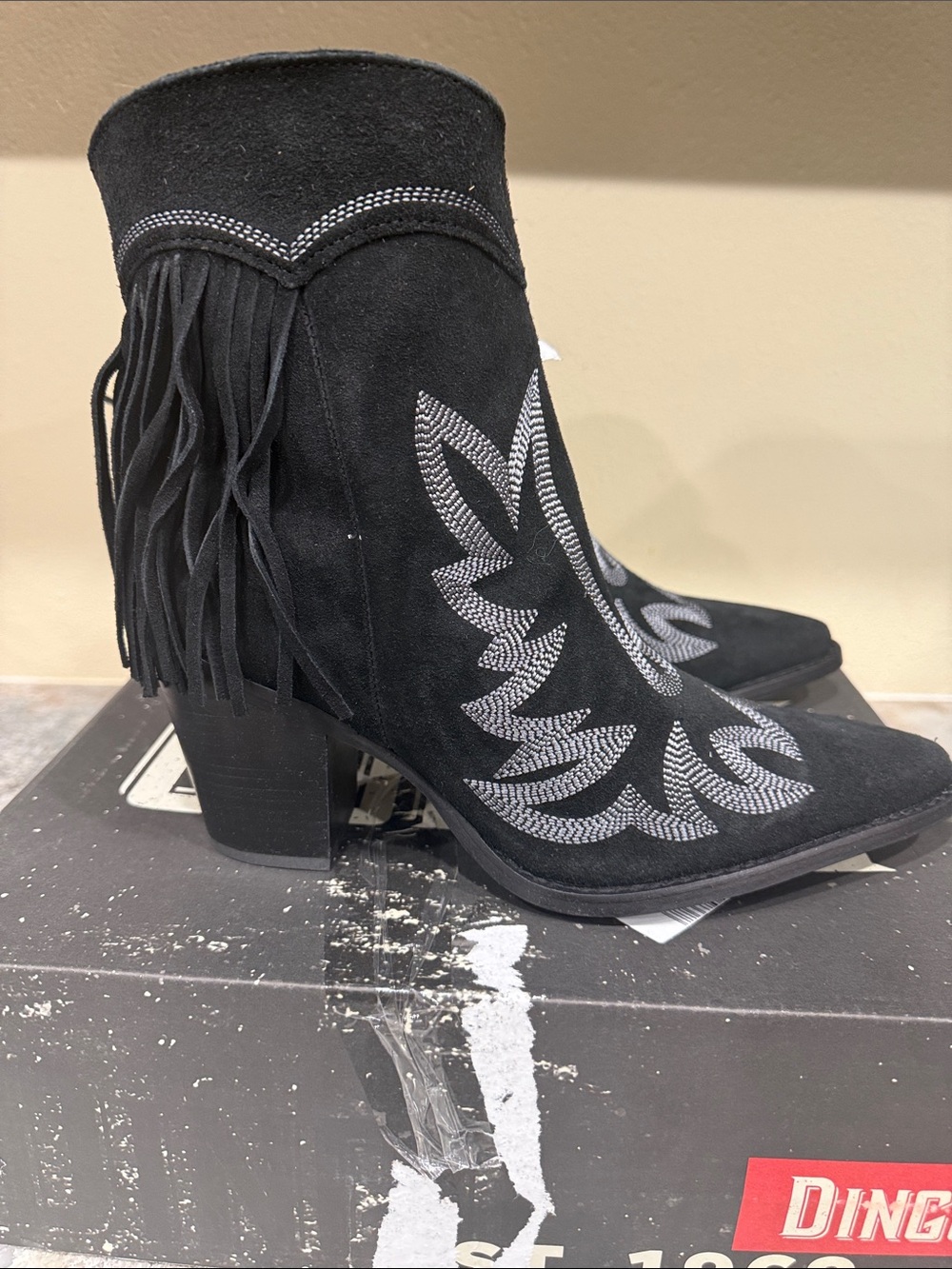 dingo Black Suede Western Heeled Boots with White Stitching - Picture 2 of 6